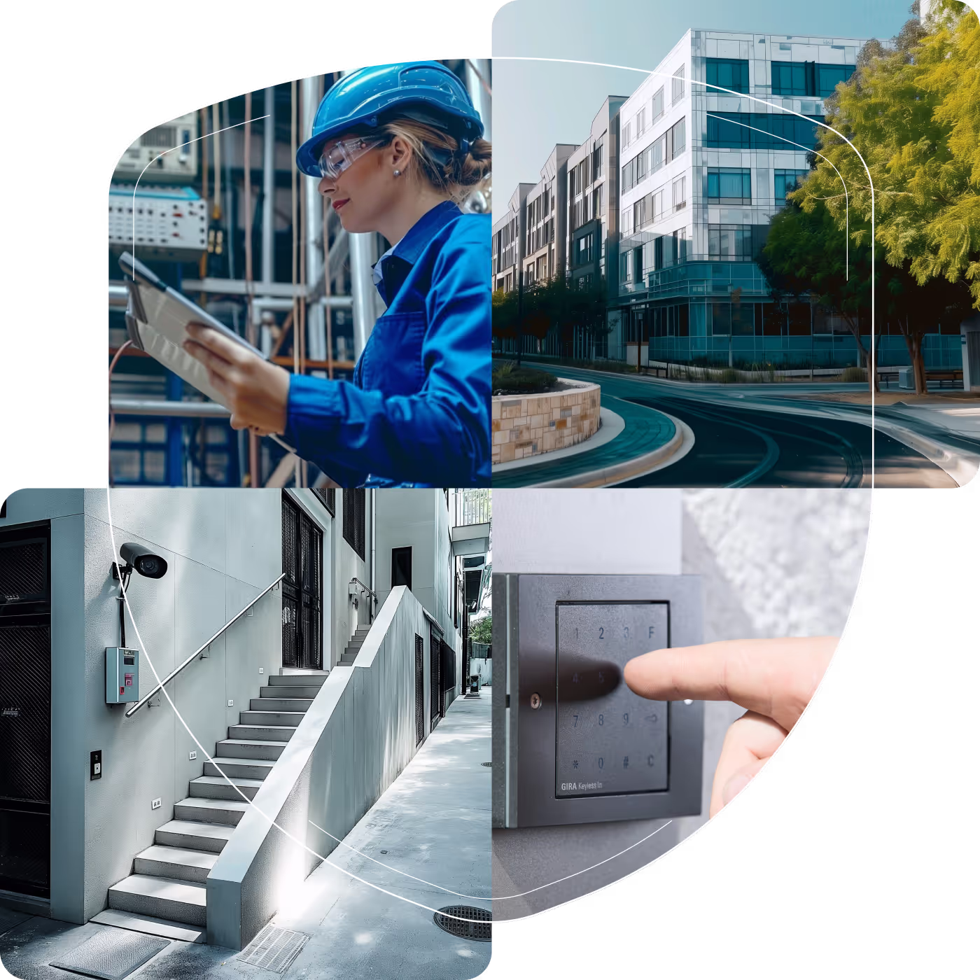 Abbildung von Gebäudeautomation mit Mitarbeiterin, Gebäudekomplexe, Hauseingänge, Code Touchpanel
