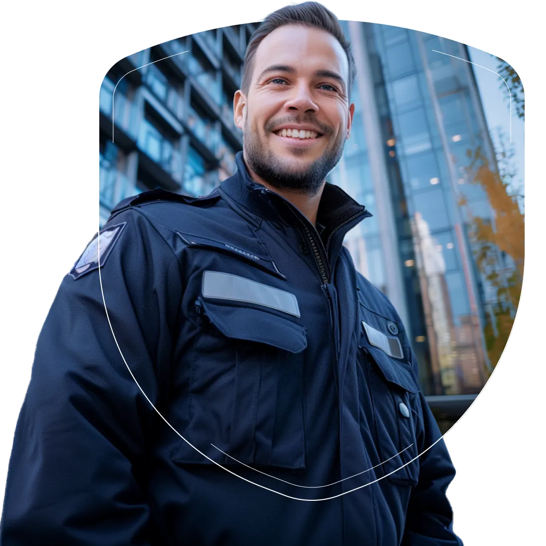 Security Mitarbeiter vor Firmengebäude